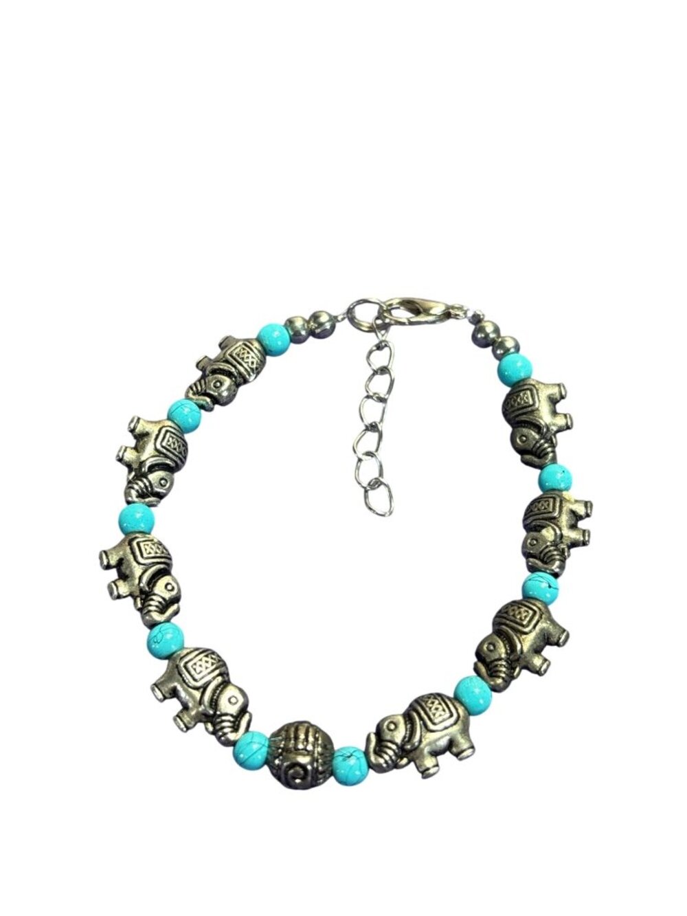 Silvertone Elephant Faux Turquoise Beaded Bracelet Lobster Clasp 6.5 - 7.5 inch